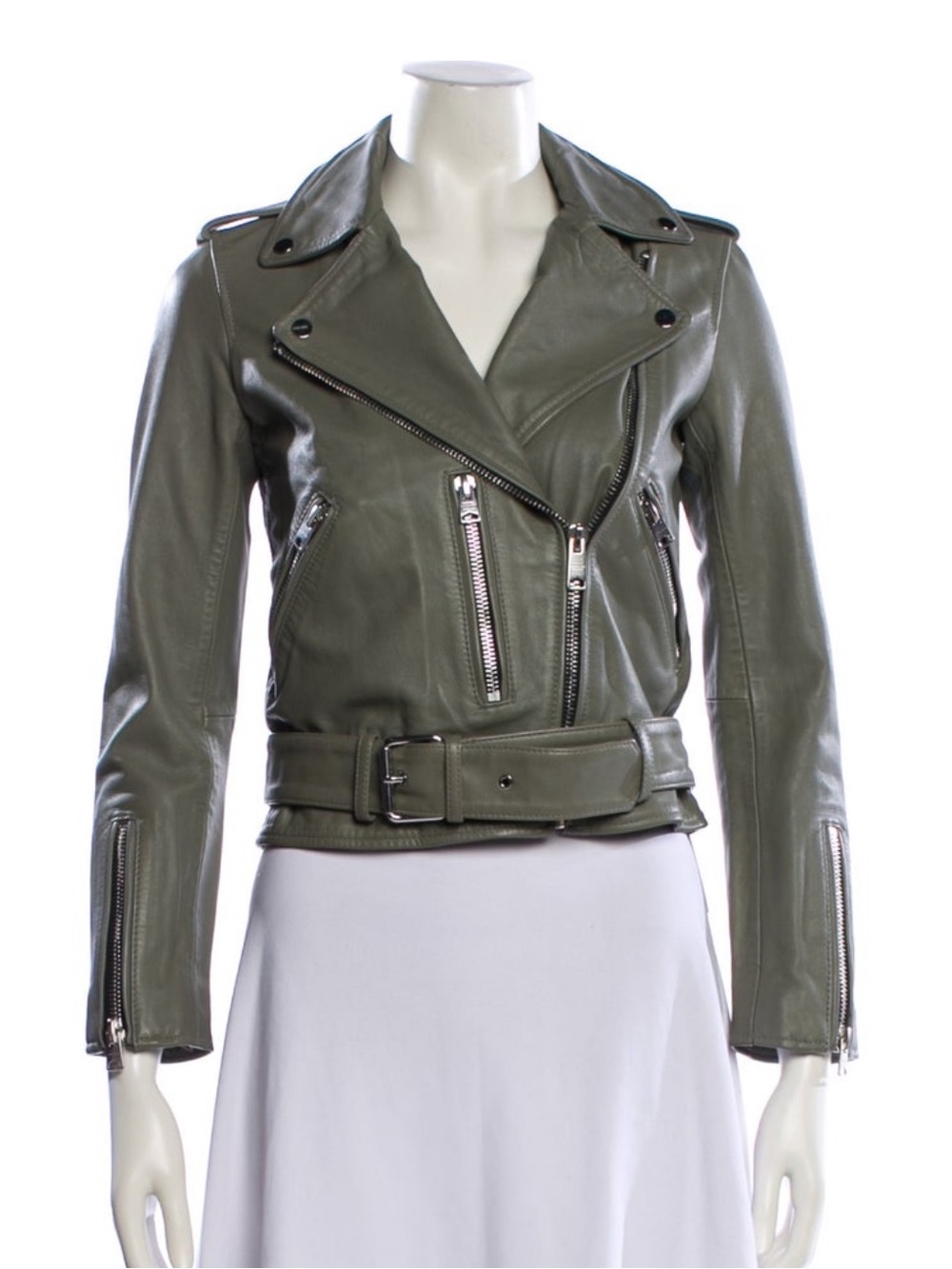 All Saints Olive Green Leather Moto Jacket with Belt